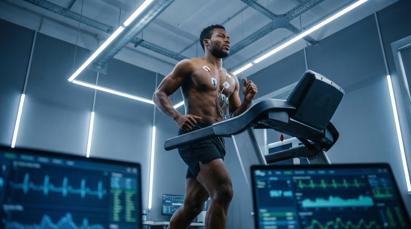 Athlete running on a treadmill during a VO2 max test with ECG electrodes on his chest and heart-rate monitors in the foreground — Building the Engine: Zone 2, VO2 Max & Cardiovascular Longevity live chiropractic CE webinar with Dr. Arland Hill, December 8, 2026, CCEDseminars