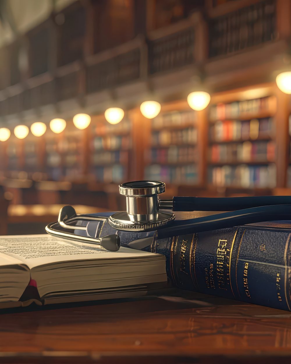 Clinical reference texts and stethoscope in a library — the CCEDseminars Chiropractic CE Resource Center