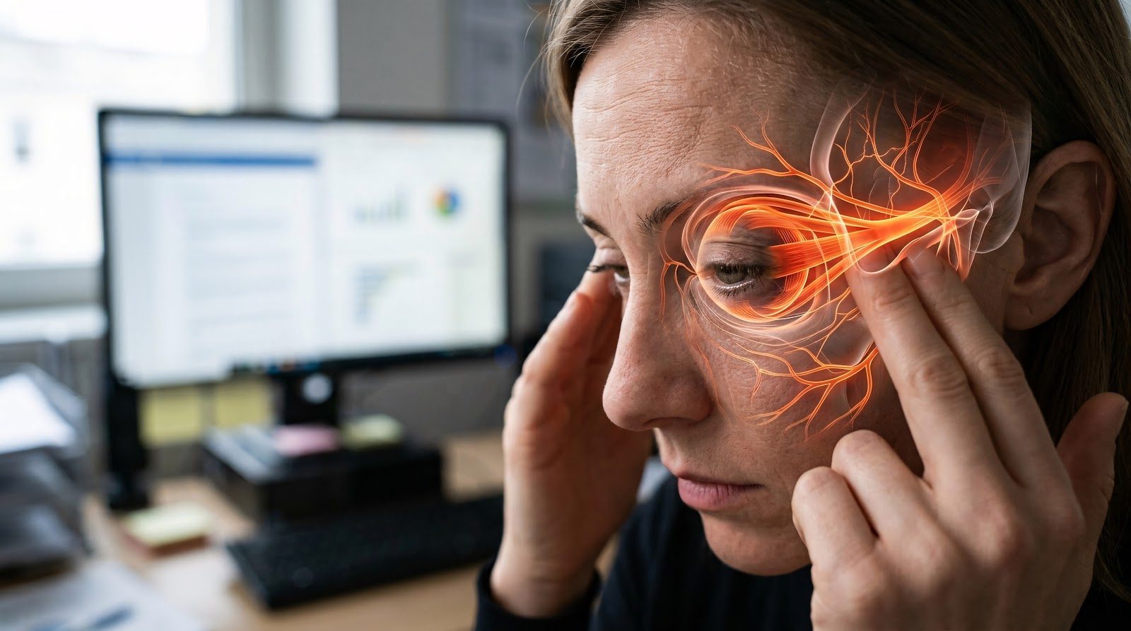 Close-up of a person&rsquo;s face at a computer screen with a glowing orange ring highlighting eye strain around the eye