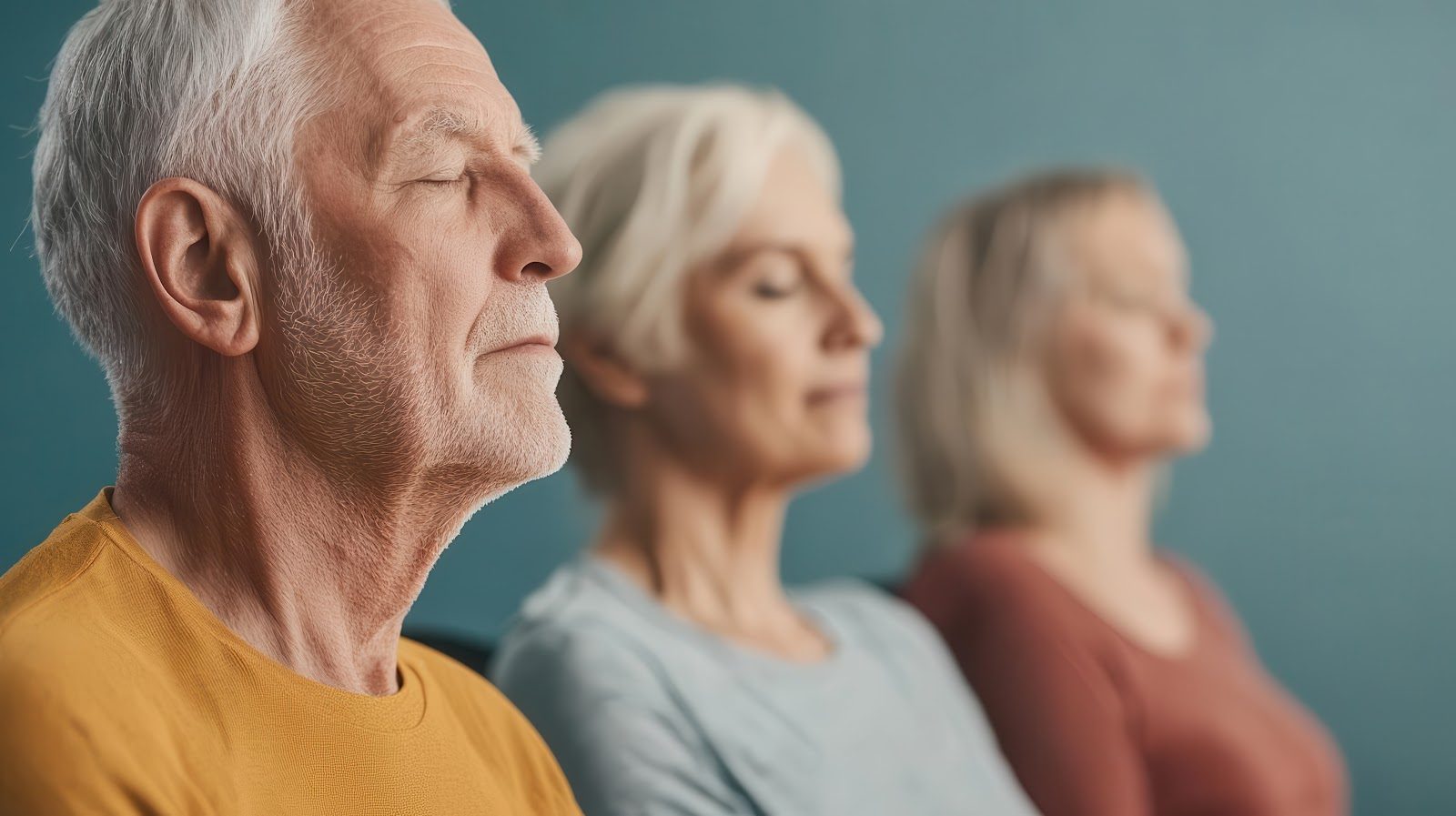 Three older adults seated in profile with eyes closed during a gentle seated neck and posture exercise, the nearest man in a mustard shirt in sharp focus and two women behind him
