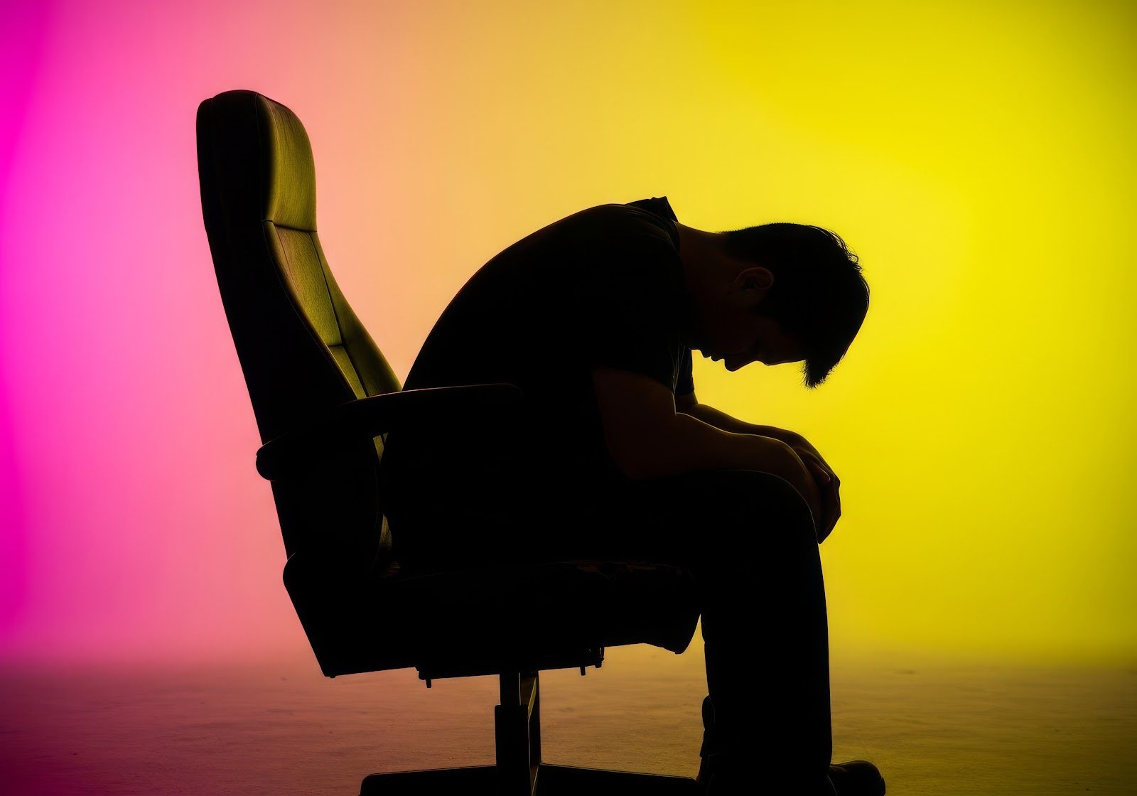 Empty black office chair photographed against a pink and yellow gradient background