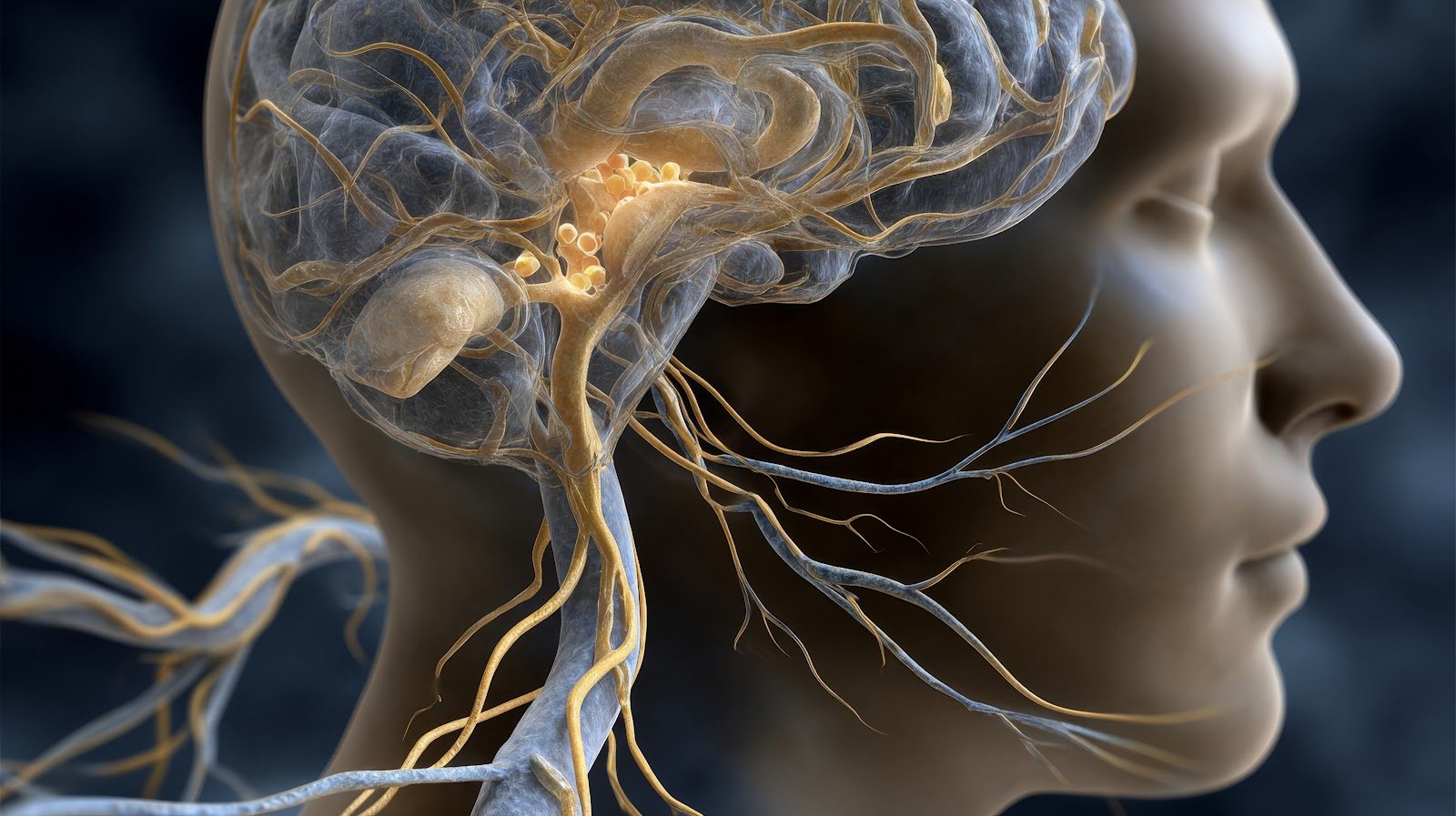 Anatomical rendering of a human head in profile with a translucent skull, the brain in grey and a golden network of cranial nerves branching from the brainstem down through the upper neck
