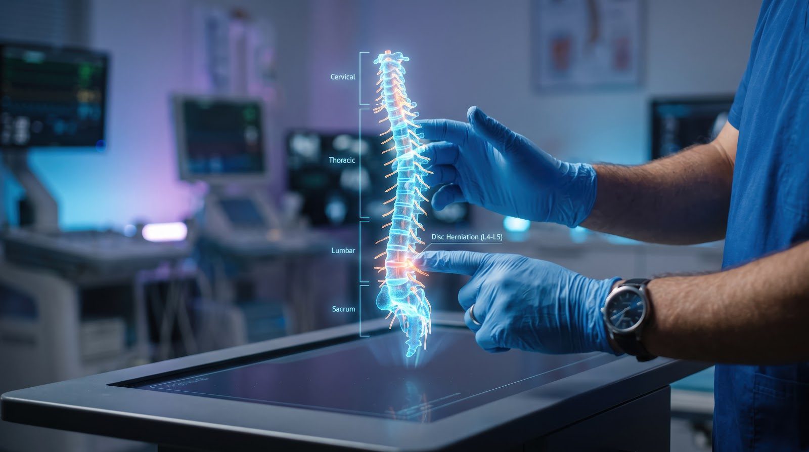 Clinician in blue gloves and scrubs adjusting a glowing holographic spine projected above a tablet in a clinic — Orthopedics 210, inflammatory properties of contained and non-contained disc disease