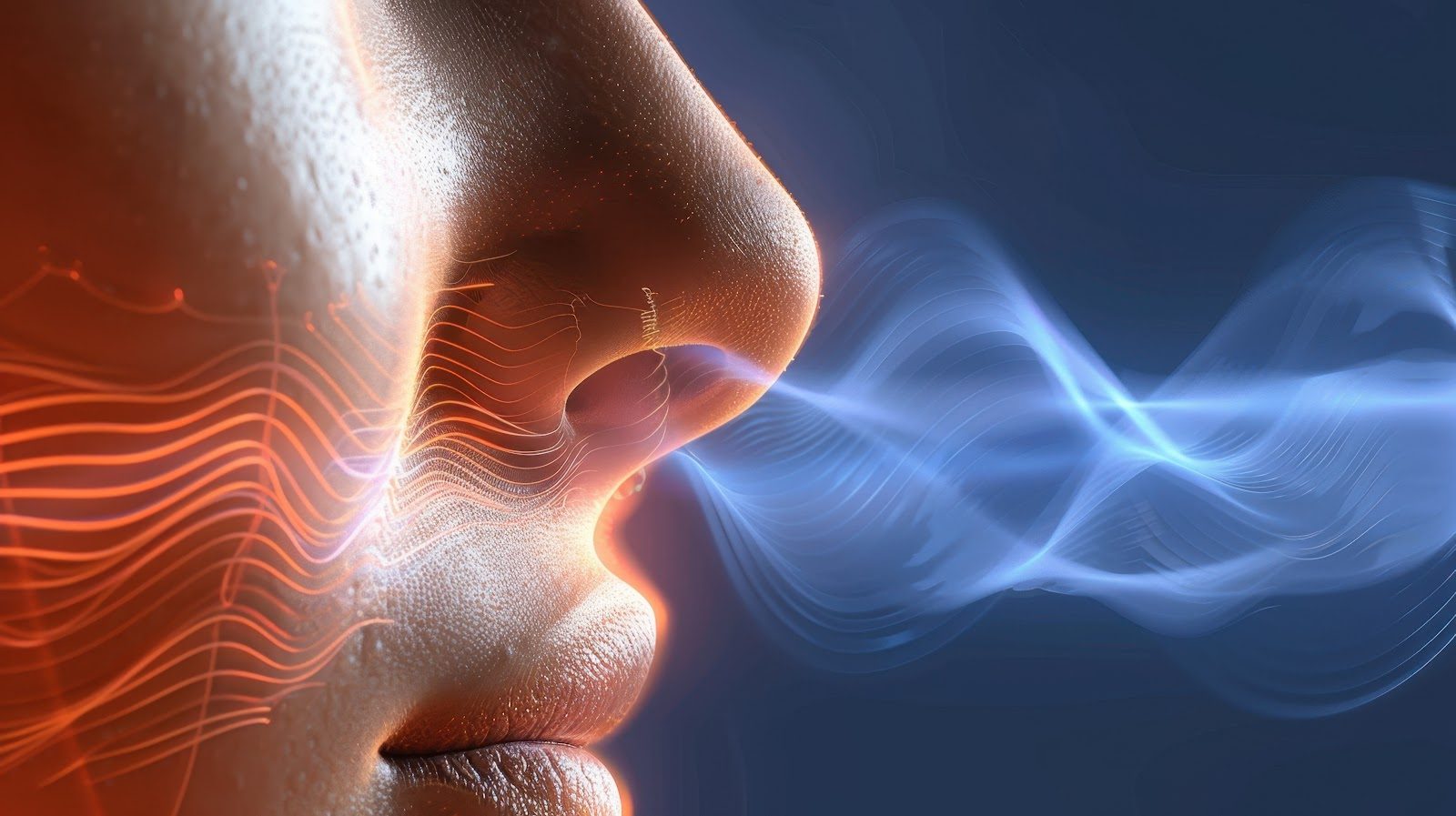 Close-up profile of a face with stylised warm and cool streams of air flowing toward and away from the nose, illustrating olfaction