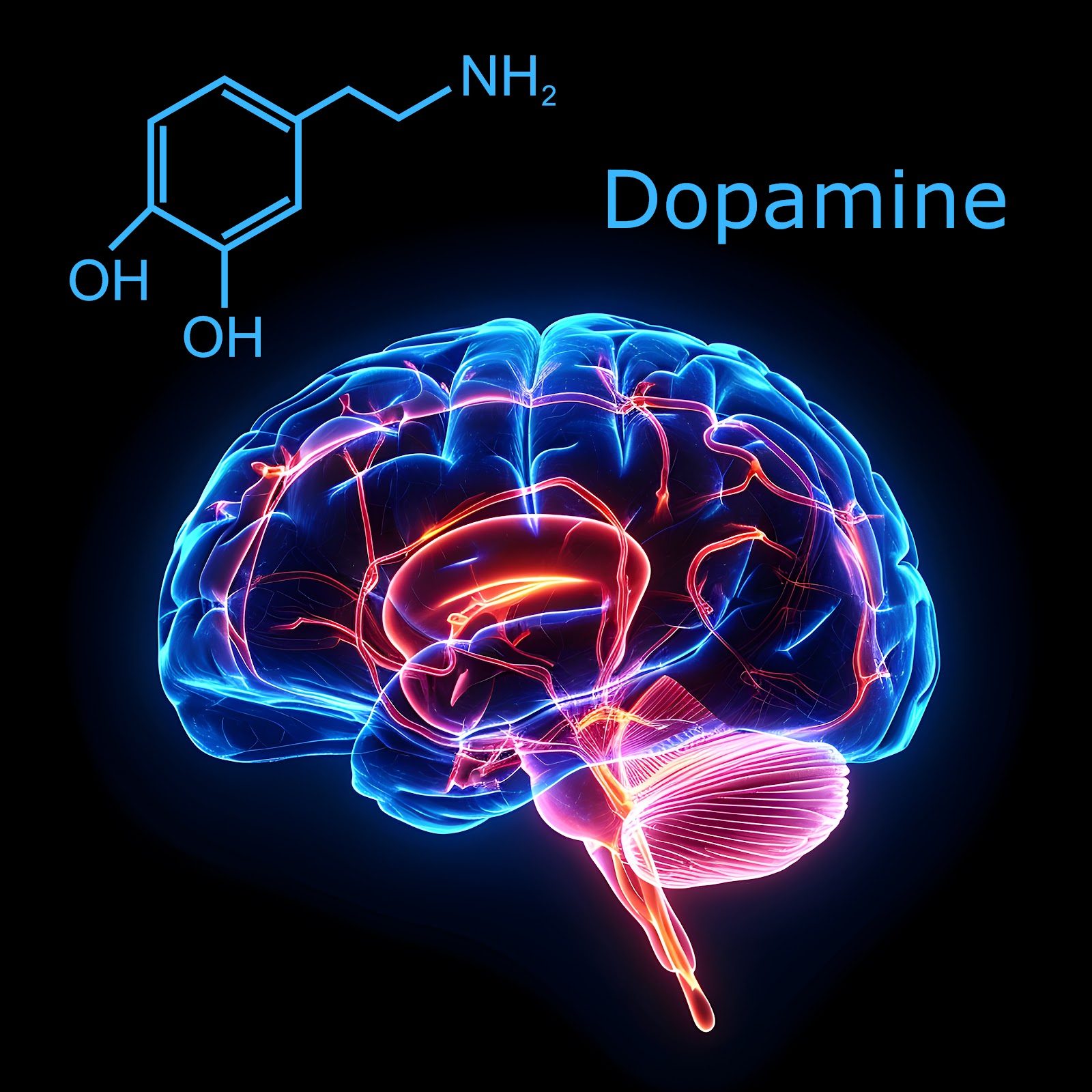 Dark blue graphic showing the dopamine molecular structure with labelled NH₂ and OH groups beside the word Dopamine, a glowing blue brain illustration below