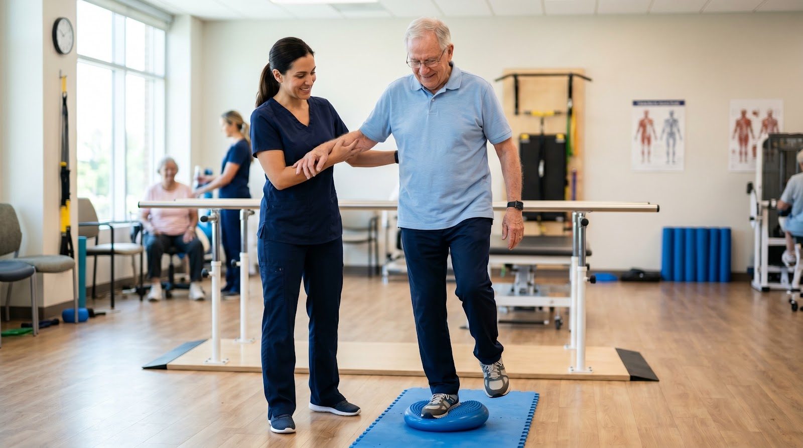 Chiropractic clinician in navy scrubs supporting an older adult patient walking across a blue balance pad in a rehabilitation gym, parallel bars behind them
