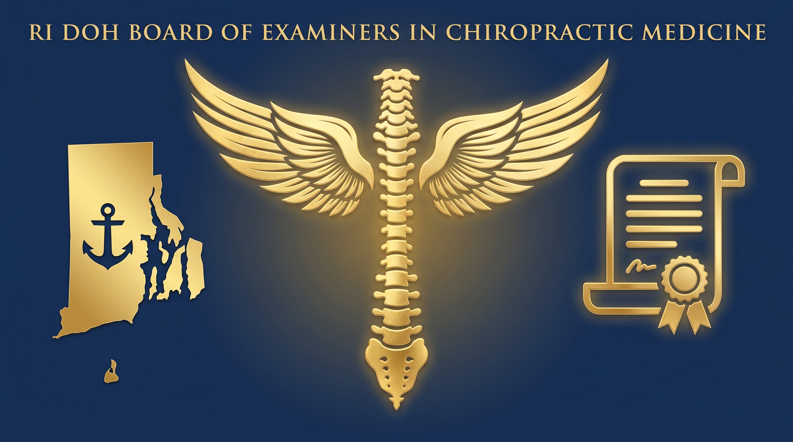 Rhode Island Department of Health Board of Examiners in Chiropractic Medicine continuing education hero graphic, navy and gold with winged spine insignia, Rhode Island state silhouette with anchor, CCEDseminars PACE Provider 34015544