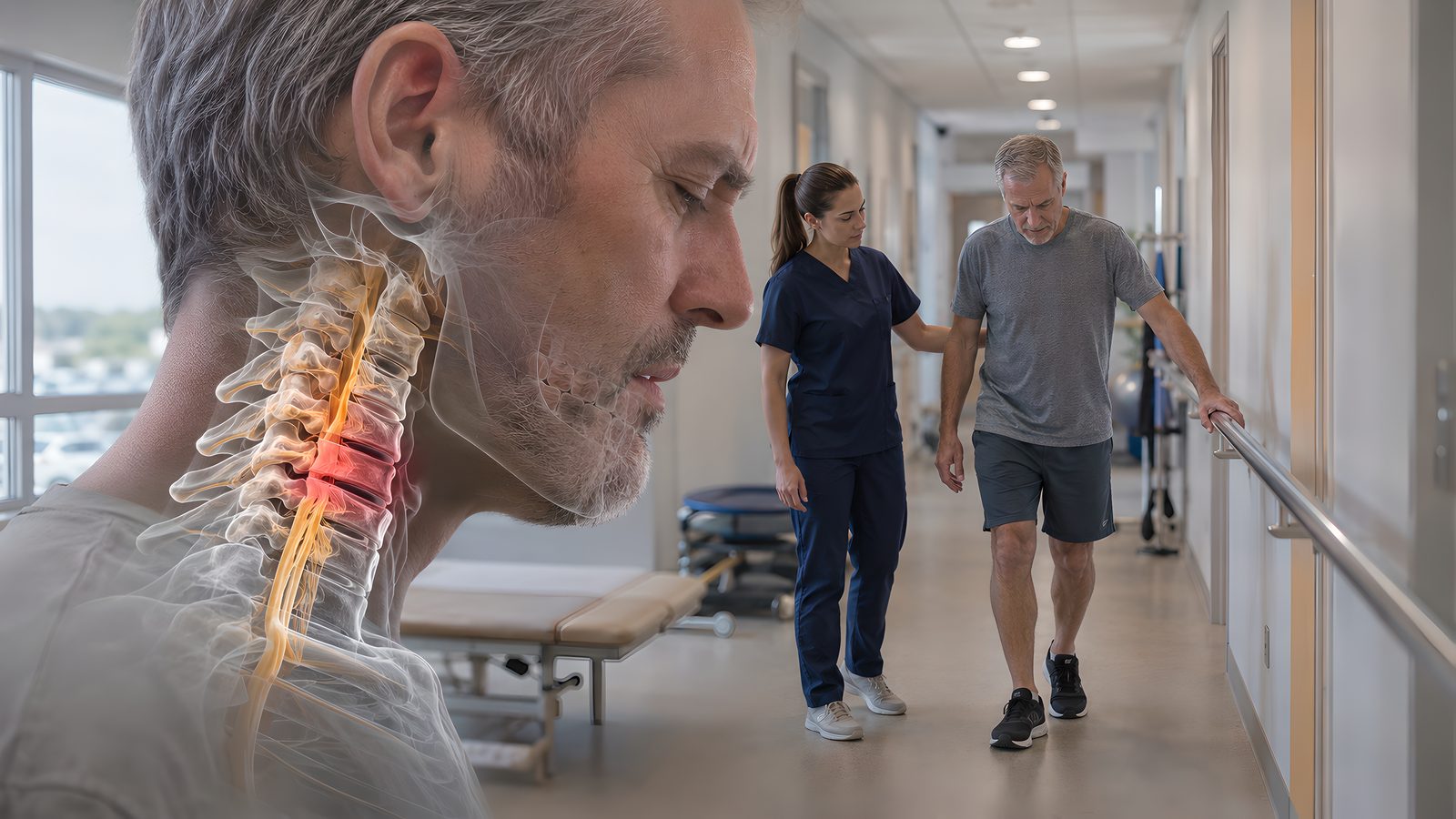 Split clinical scene: a man with forward-flexed head posture shown with a translucent cervical spine overlay highlighting inflamed vertebrae, beside a clinician guiding a patient's gait assessment in a rehabilitation corridor — Orthopedics 222: Dropped Head Syndrome, a 2-hour chiropractic CE course