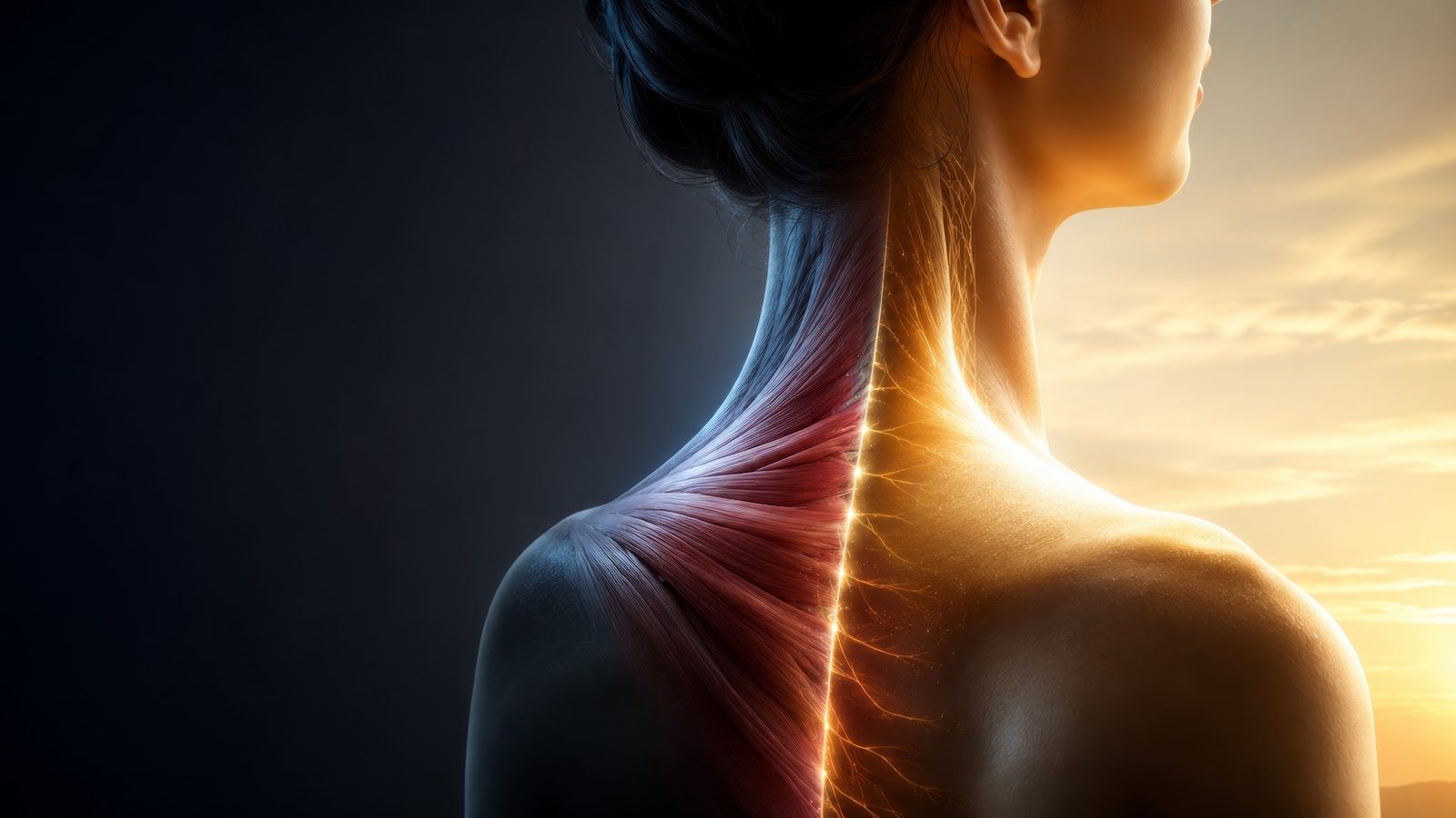 Silhouette of a person&rsquo;s neck and shoulders from behind with a glowing line tracing the spine and trapezius region