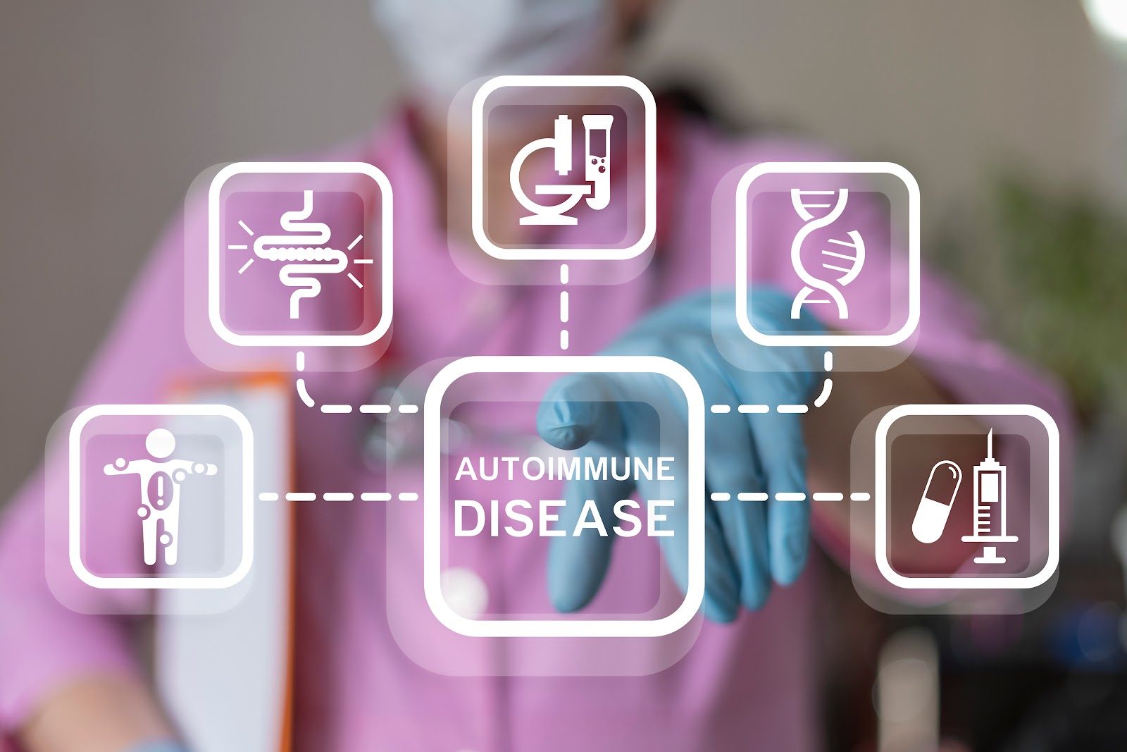 A clinician in a lavender top touching a floating interface labeled Autoimmune Disease with icons for DNA, a patient, a microscope and medication — the autoimmune drivers Nutrition 220 teaches chiropractors to manage nutritionally in rheumatoid arthritis