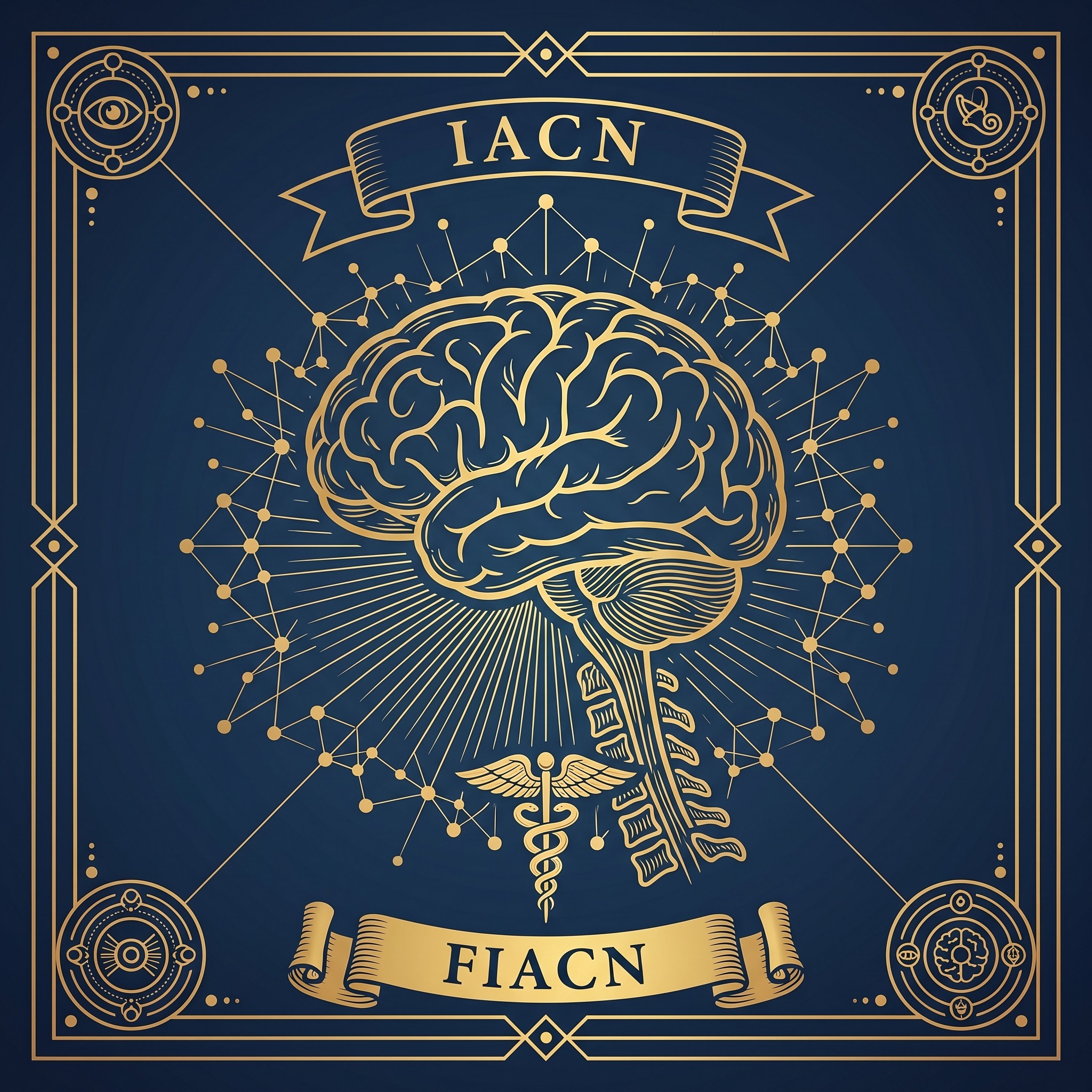 Chiropractic Clinical Neurology certification heraldic emblem with brain, cervical spine, caduceus, neural network, IACN ribbon, and FIACN scroll on navy and gold — CCEDseminars CCN program