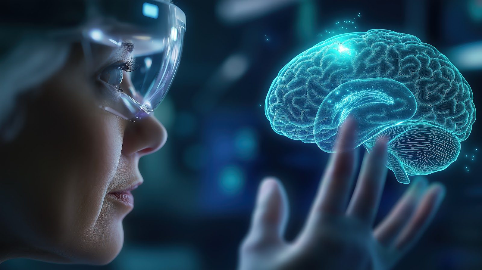 Profile of a person wearing a clear visor looking toward a glowing teal holographic brain, one hand raised toward it, against a dark blue background