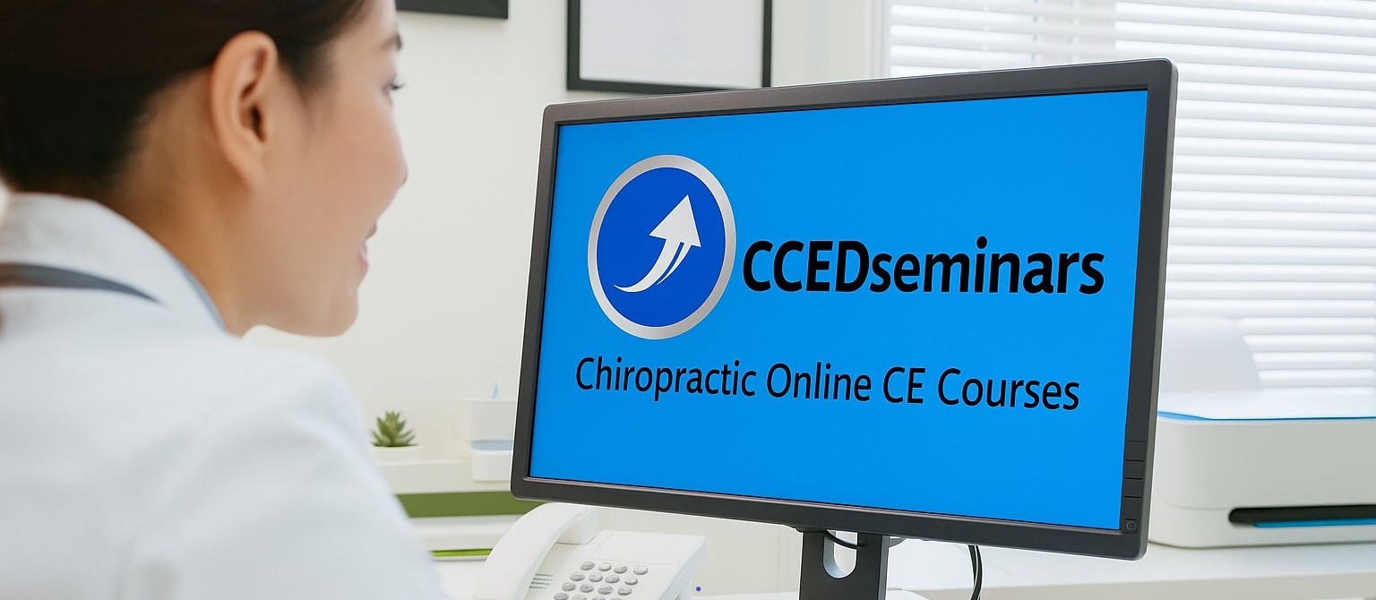 CCEDseminars Chiropractic Online CE Courses displayed on a computer screen in a professional office setting