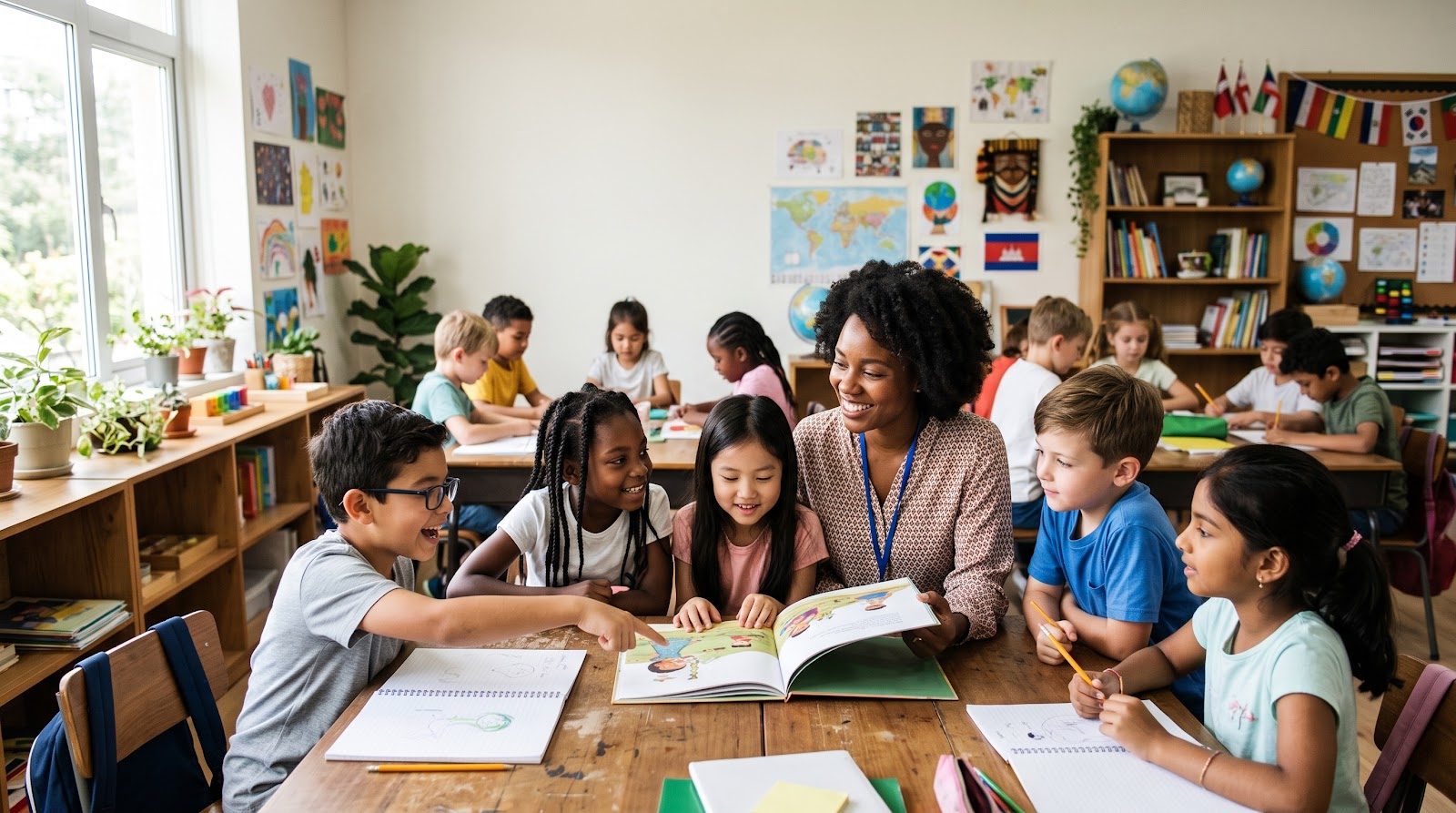 Elementary classroom with boys and girls seated at desks reading and writing while a teacher assists