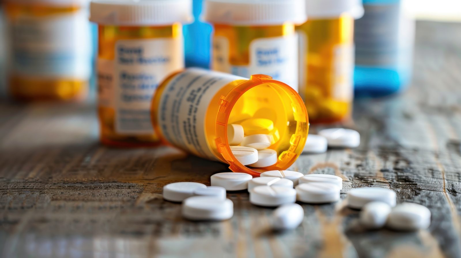 Open amber prescription bottle spilling white tablets across a wooden table with more pill bottles behind — Hidden Drivers of Dysfunction: Medication-Induced Nutrient Depletion in the Aging Patient, live chiropractic CE webinar with Dr. Stacie Flanery, CCEDseminars