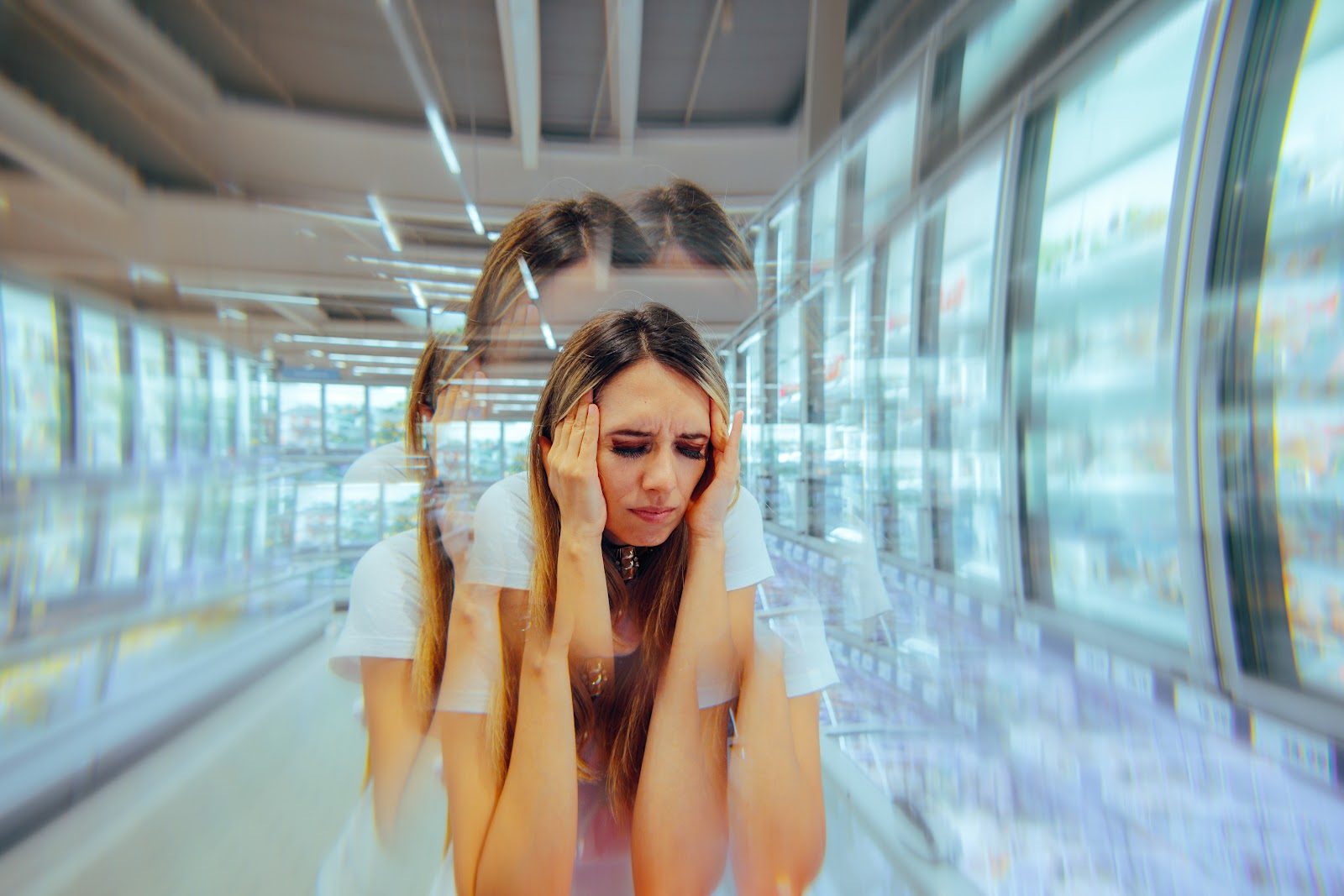 Young woman holding her head with a blurred double-exposure effect conveying dizziness