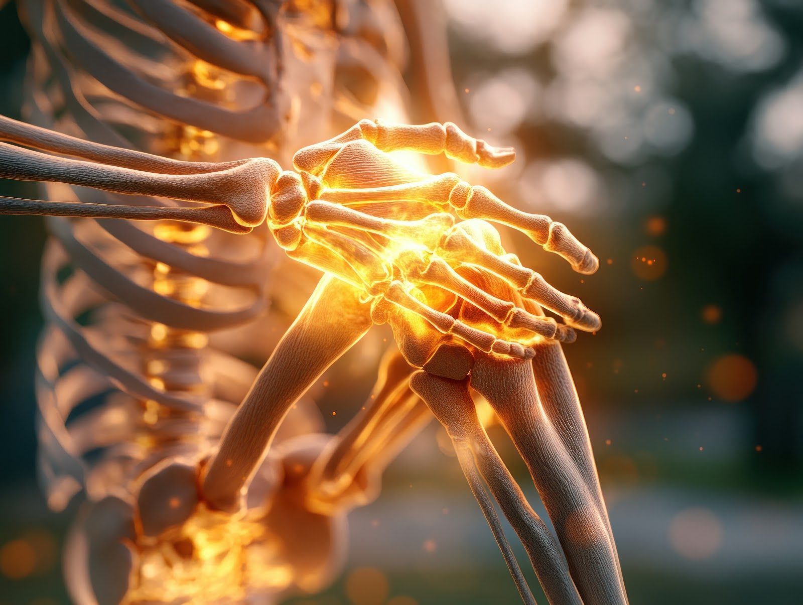 3D medical illustration of a skeletal hand and wrist with the finger and wrist joints glowing orange with inflammation — the degenerative and autoimmune arthritic joints that Nutrition 202 teaches chiropractors to manage nutritionally