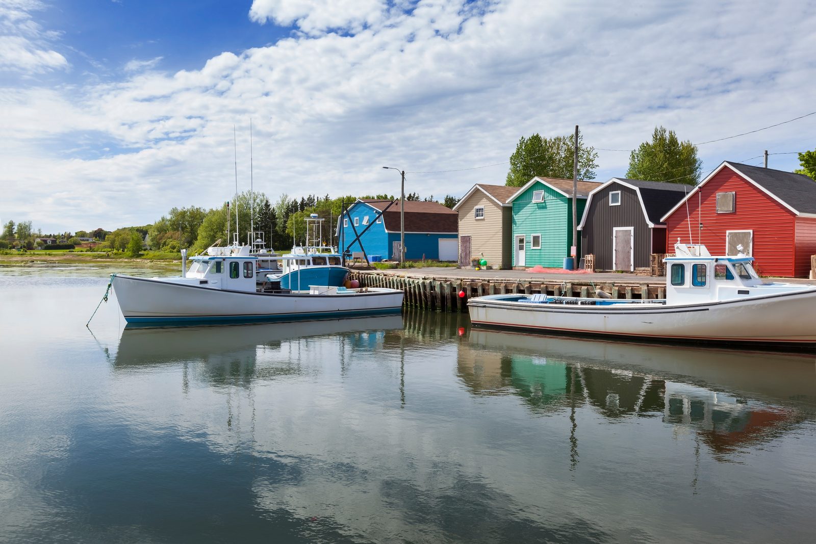 Lobster boats moored beside red, teal and blue fishing sheds in a Prince Edward Island harbour — Prince Edward Island chiropractic continuing education requirements, CCEDseminars