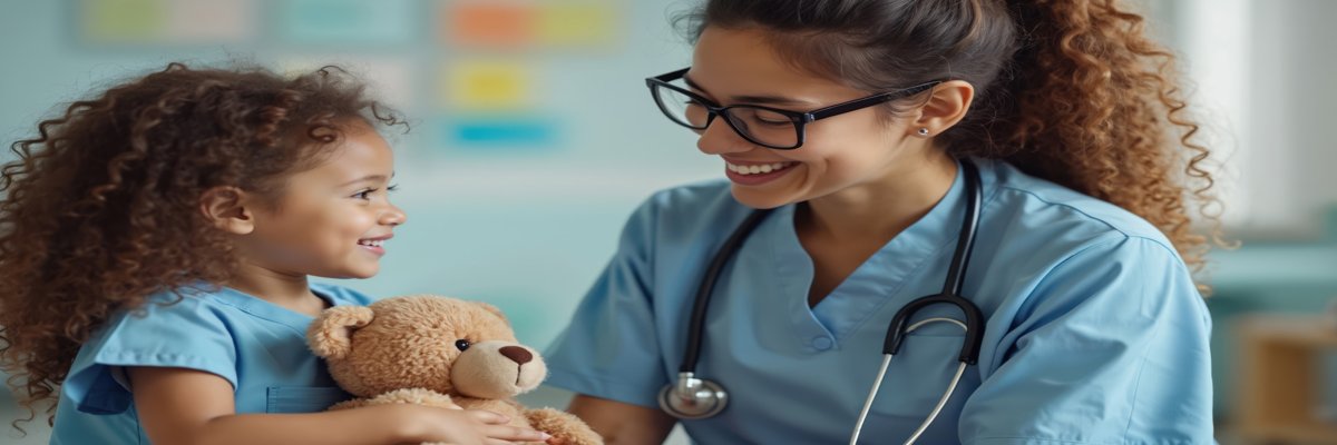 Chiropractor smiling with young pediatric patient holding teddy bear â€“ Chiropractic care and text neck education