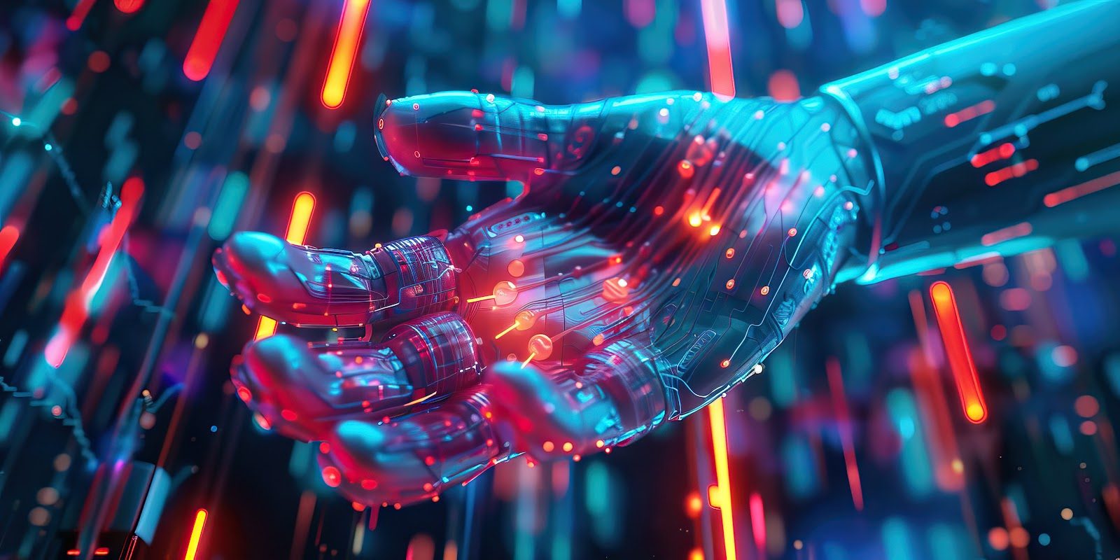 Abstract rendering of glowing blue nerve fibres branching across a dark background