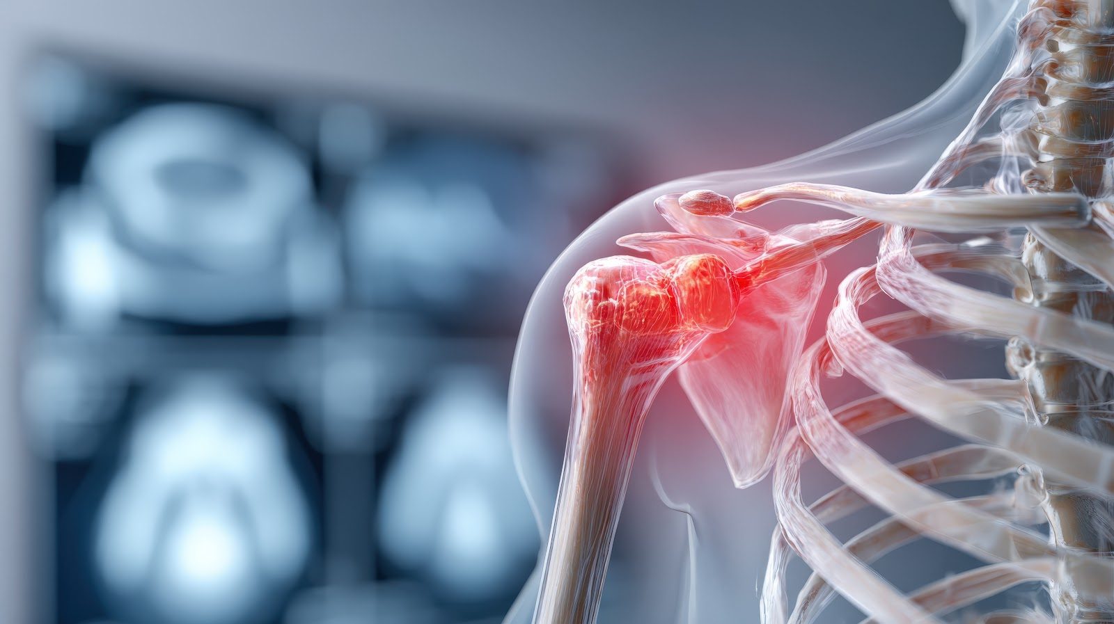 Translucent illustration of a shoulder joint with the rotator cuff glowing red, set against blurred shoulder imaging films — Orthopedics 204, rotator cuff syndrome