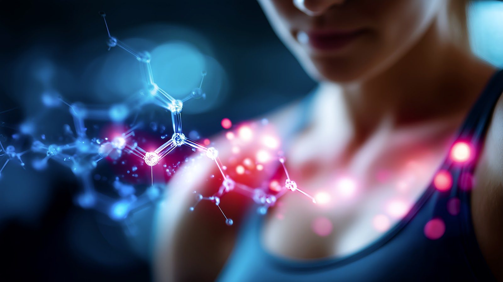 A woman’s bare shoulder and upper back with glowing pink molecular structures overlaid on the skin — the hormone imbalances and the natural, nutritional support for them that Nutrition 224 teaches chiropractors to assess and manage