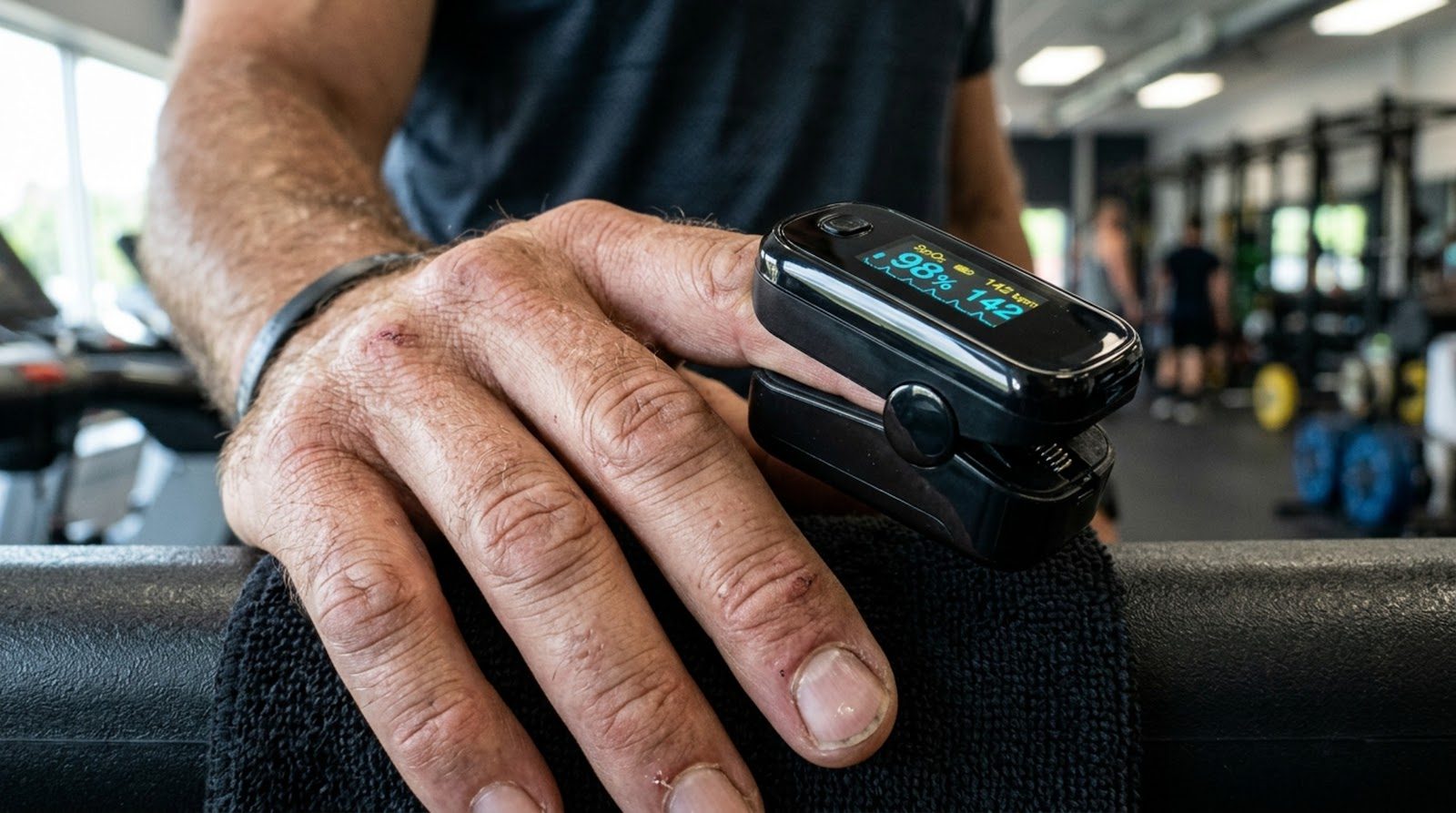Close-up of an older man’s hand resting on a gym machine handle with a fingertip pulse oximeter clipped to his index finger, its small colour display showing readings, blurred gym equipment behind