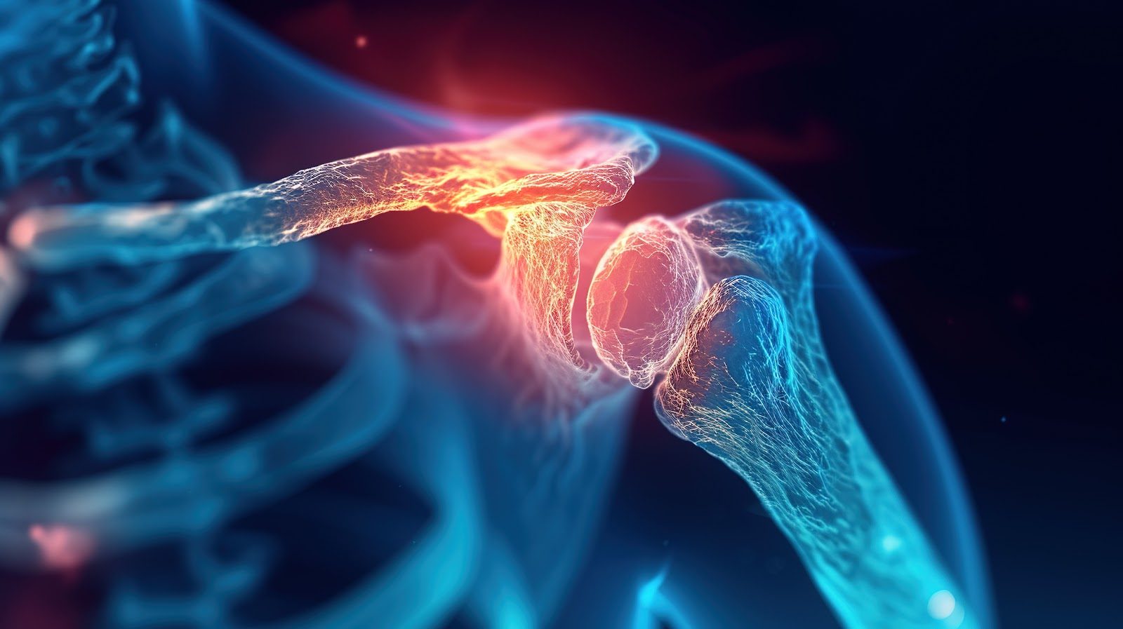 Blue translucent illustration of a shoulder with the glenohumeral joint and capsule glowing orange-red — Orthopedics 206, frozen shoulder evaluation