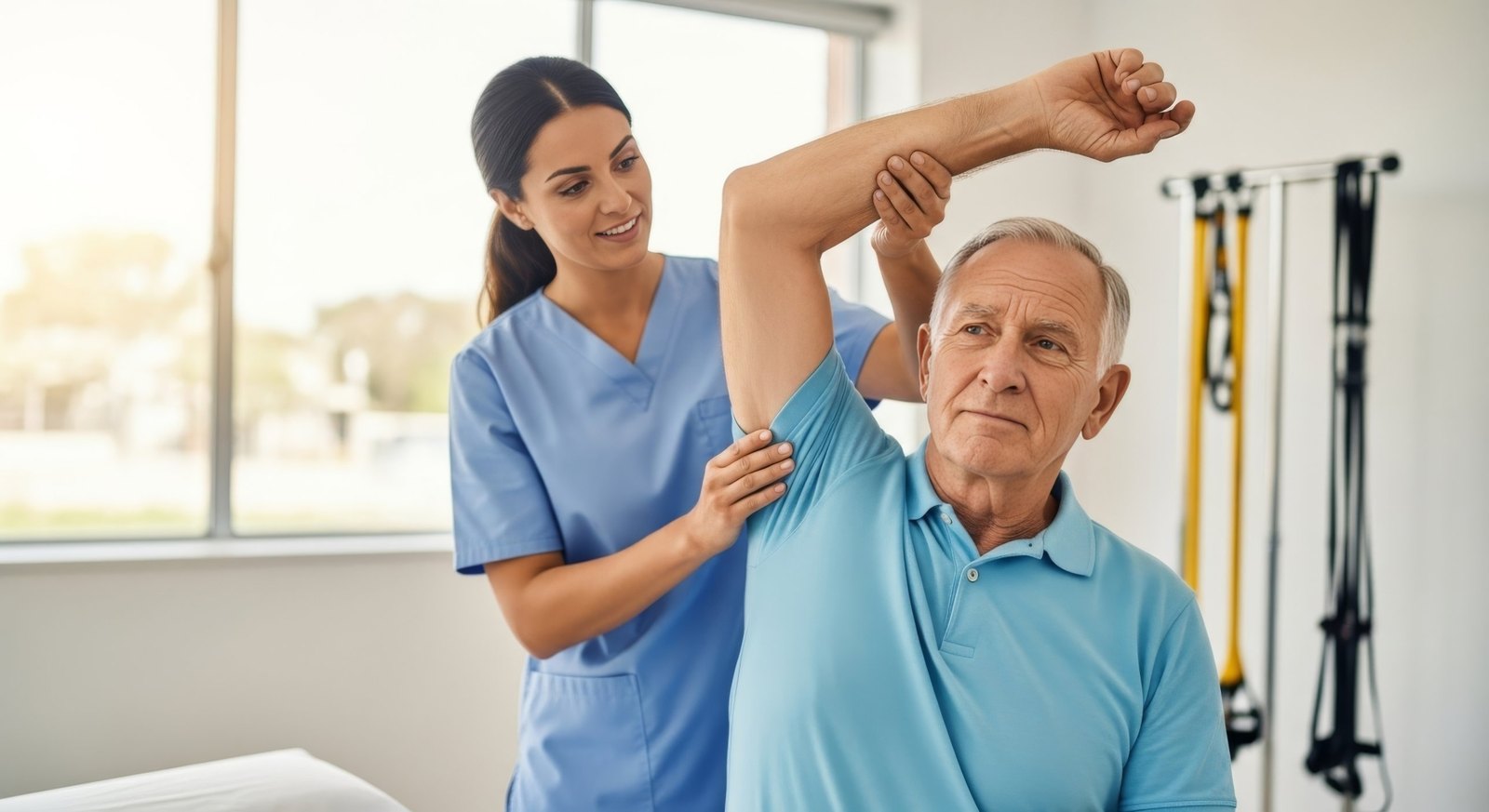 Clinician in blue scrubs guiding an older patient's arm overhead, one hand supporting the elbow and the other stabilizing the shoulder, in a bright exam room — the upper extremity examination, the subject of Physical Examination 210: Upper Extremity, a two-hour chiropractic CE course from CCEDseminars