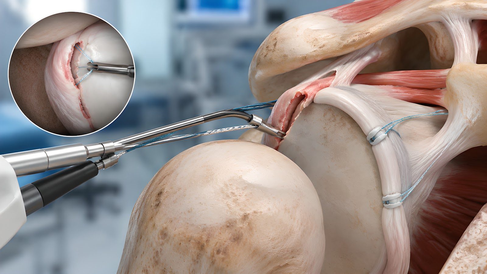 Three-dimensional medical illustration of shoulder arthroscopy, surgical instruments entering the glenohumeral joint with an inset arthroscopic camera view of the joint interior