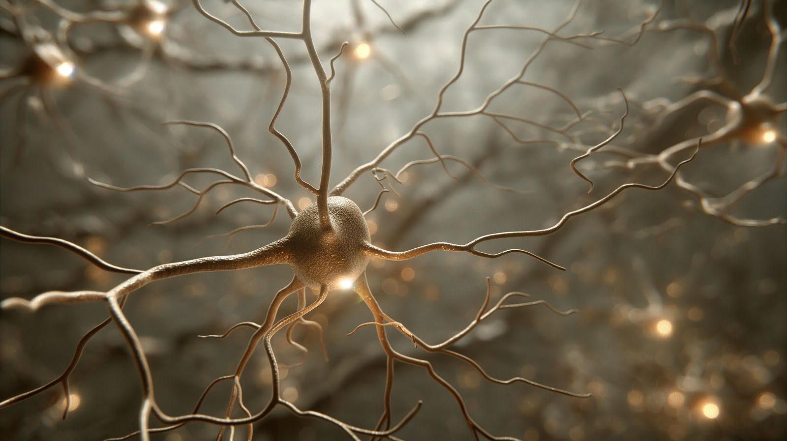 Three-dimensional illustration of a pyramidal neuron in warm gold tones, its cell body and long branching dendrites glowing against a soft blurred background