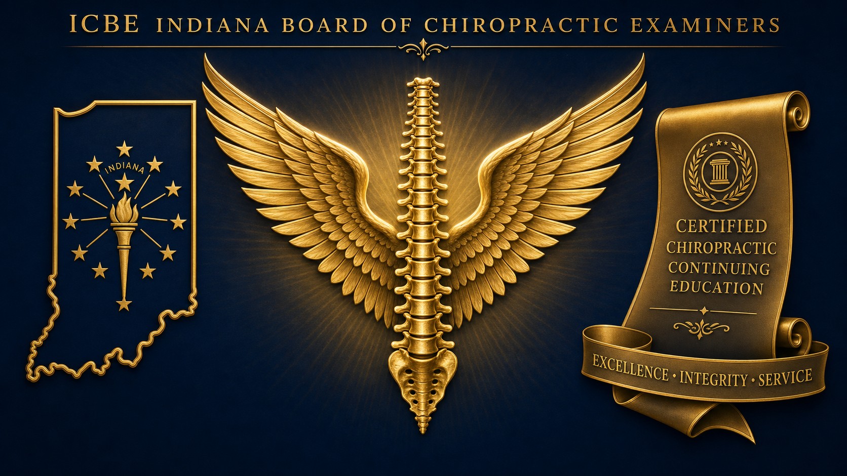 Indiana State Board of Chiropractic Examiners continuing education hero graphic showing Indiana state outline with the official state seal torch and stars, golden chiropractic winged spine insignia, and certified chiropractic continuing education scroll on deep navy background