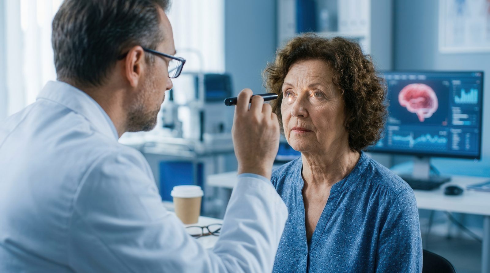Clinician holding a penlight to assess an older female patient during a headache consultation, with a brain scan displayed on the monitor behind them &mdash; Case Studies & Clinical Pearls 221: Headache Management and Treatment.