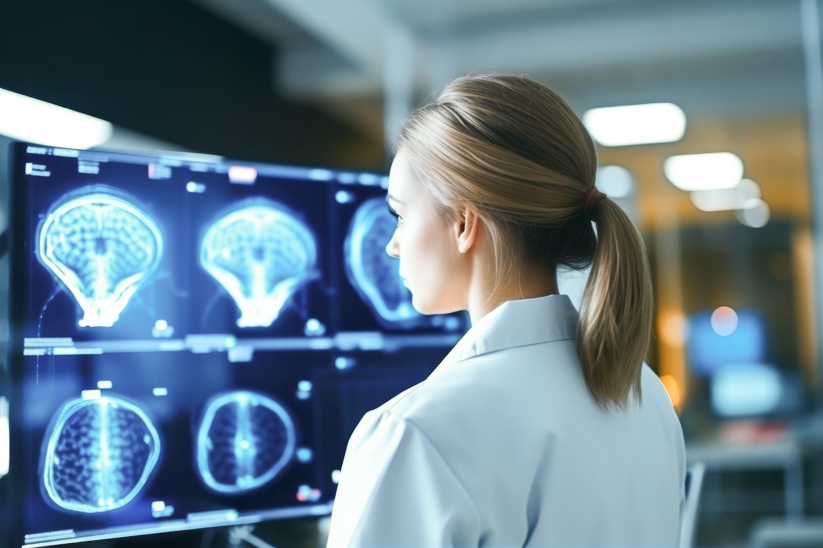 Clinician reviewing axial brain scan images displayed on a wall-mounted diagnostic monitor