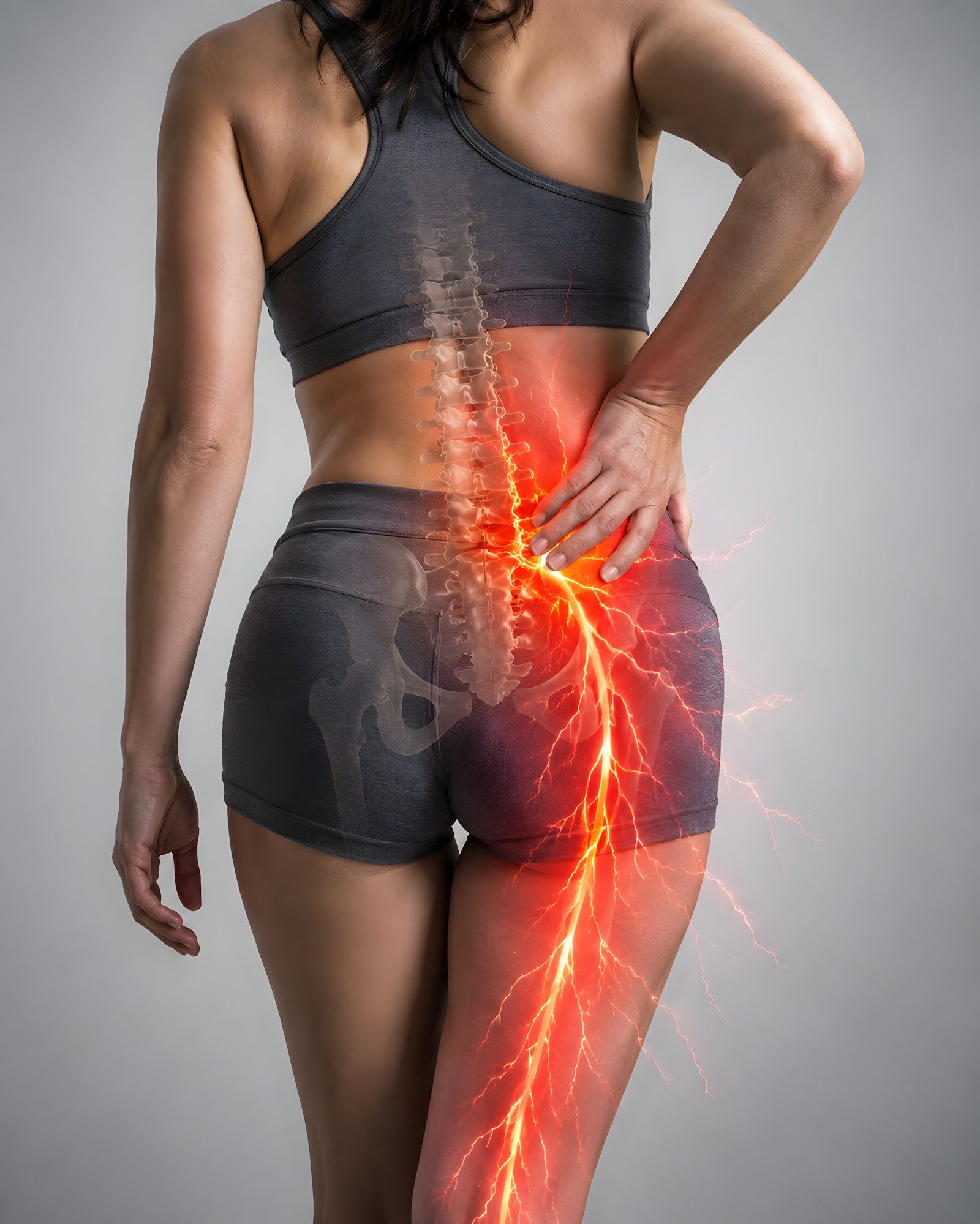 Rear view of a person&rsquo;s lower back with a glowing red and orange nerve pathway overlaid to indicate pain