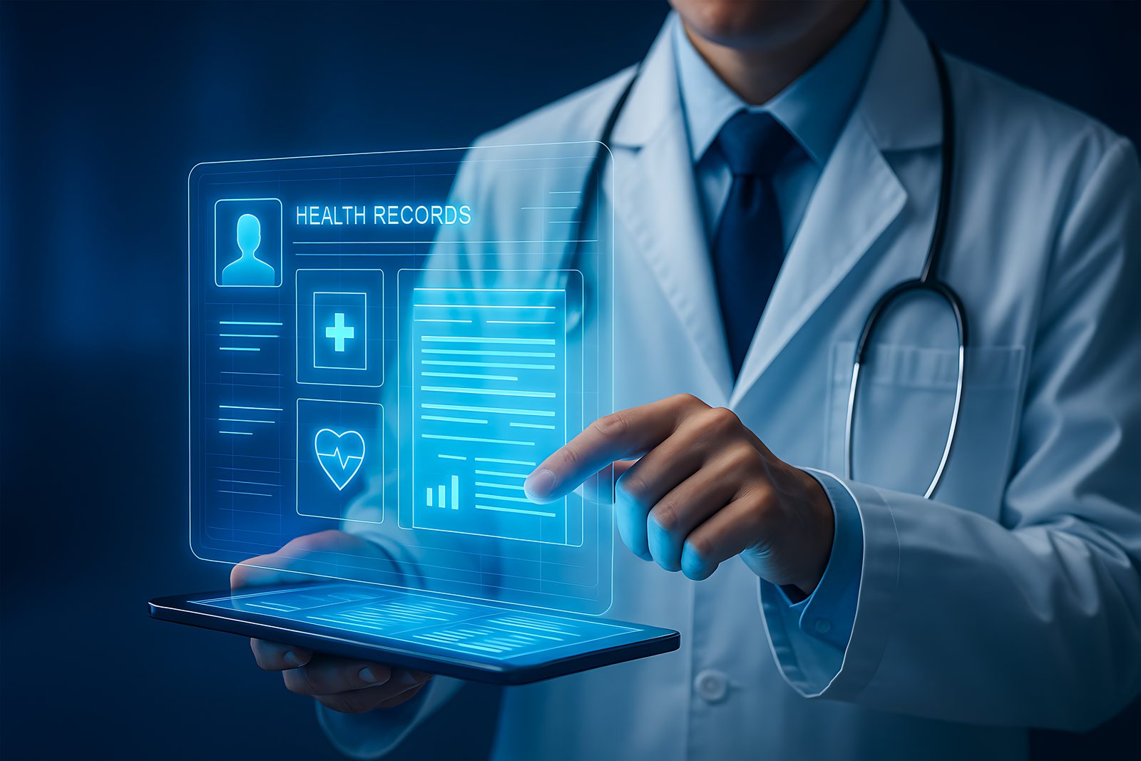 Physician in a white coat with a stethoscope touching a holographic electronic health record projected above a tablet — Documentation & Risk: Audit-Ready Workflows live chiropractic CE webinar with Dr. Michael Hall, December 17, 2026, CCEDseminars