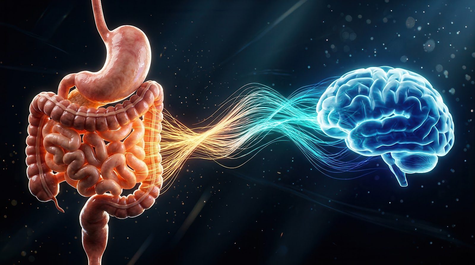 A 3D rendering of the intestines and the brain joined by a stream of glowing light — the bidirectional gut-brain communication network that Nutrition 221 teaches chiropractors through the enteric nervous system and the vagus nerve