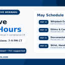May 2026 live chiropractic CE webinar schedule with whiplash, ethics, documentation, and wrist-hand-thumb exam topics