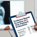 A professional clinical photograph for CCEDseminars' Course 201. A chiropractor’s hand uses a stylus to check a 'Strength of Evidence' protocol on a digital tablet. In the background, walls display anatomical spine charts and a lateral spinal X-ray, illustrating the comprehensive musculoskeletal evaluation and evidence-based practice taught by Dr. Monte Horne.