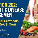 Professional course thumbnail for Nutrition 202: 'Nutritional Management of Arthritic Disease,' featuring Dr. Howard Benedikt. A clinical, high-EEAT design with bold text, anatomical joint imagery, the CCEDseminars logo, and a PACE Approved badge, optimized for chiropractic continuing education (CE) galleries.