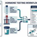Clinical lab testing workflow diagram showing saliva, blood, and urine hormone collection methods, hormone panel results with reference ranges, hepatic Phase I/II metabolism pathway, and steroid hormone molecular structures — Nutrition 223 chiropractic CE course.