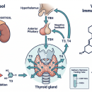 Clinical diagram of the hypothalamic-pituitary-thyroid (HPT) axis with TRH/TSH feedback loop, cortisol stress pathway inhibiting T4-to-T3 peripheral conversion, Vitamin D immune modulation of T-cells and macrophages, and salivary hormone testing inset — Nutrition 222 chiropractic CE course.