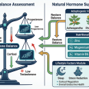 Clinical dual-panel diagram showing hormone balance scale (estrogen, progesterone, cortisol, thyroid hormones) and natural hormone support pathways with adaptogenic herbs (ashwagandha, rhodiola), nutritional cofactors (zinc, magnesium, B6), lifestyle factors, and fake science vs. evidence-based comparison — Nutrition 224 chiropractic CE course.