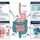Clinical functional GI testing diagram showing SIBO breath test (H?/CH? graph), comprehensive stool analysis panel, intestinal permeability test (lactulose-mannitol ratio), and dysbiosis microbiome comparison chart with healthy vs. disrupted bacterial balance — Nutrition 225 chiropractic CE course.
