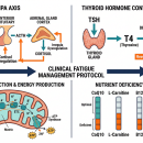 Clinical fatigue assessment diagram showing HPA axis dysregulation pathway, mitochondrial ATP production chain, thyroid hormone conversion cascade (T4 to T3), nutrient deficiency panel (CoQ10, L-carnitine, B12, magnesium, iron), and energy restoration protocol — Nutrition 228 chiropractic CE course.