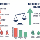 Clinical chronic disease-diet relationship diagram showing Western diet inflammation pathway vs. Mediterranean/DASH diet protective pathway, with dietary pattern comparison chart — Nutrition 230 chiropractic CE course.
