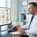 A healthcare professional reviewing clinical charts and nervous system diagrams in a modern, well-lit medical office — representing autonomic nervous system assessment in a functional medicine clinical setting.
