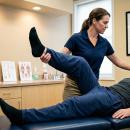 A chiropractor performs a straight leg raise test on a supine patient to assess lumbar radiculopathy and lower extremity neurological signs in a chiropractic clinical setting.