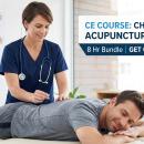 A professional photograph shows a chiropractor administering an acupuncture treatment to a patient's back. A graphic overlay displays the course title: 
