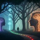Two glowing head silhouettes with tree-like neural branches, one cool blue and one warm orange, facing each other across a dark forest path with a figure walking between them, symbolizing the parasympathetic and sympathetic nervous systems